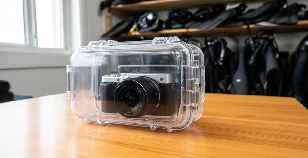 Caisson étanche transparent ouvert montrant un appareil photo hybride à l'intérieur