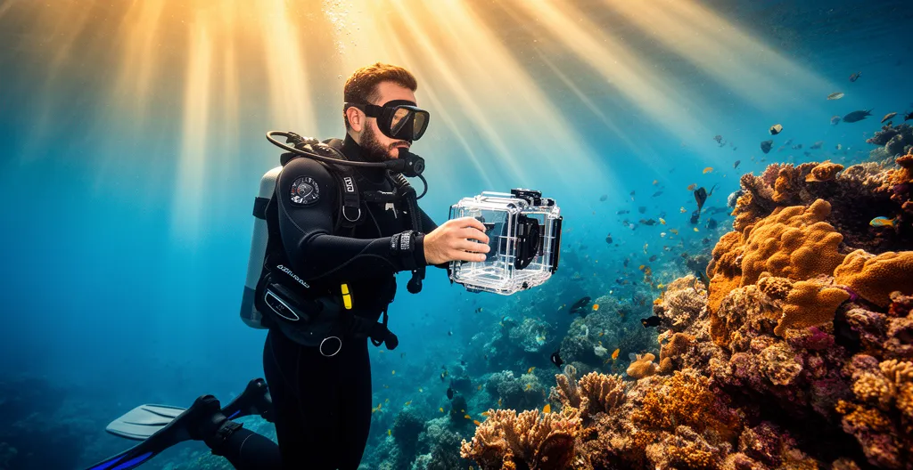 Plongeur photographe utilisant un caisson étanche devant un récif méditerranéen