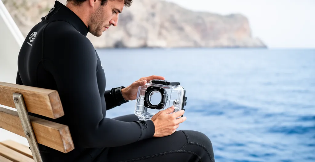 Plongeur inspectant visuellement son caisson photo sur le pont d'un bateau de plongée