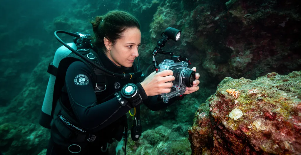 Plongeuse photographe réalisant une prise de vue macro sous l'eau avec caisson et flash