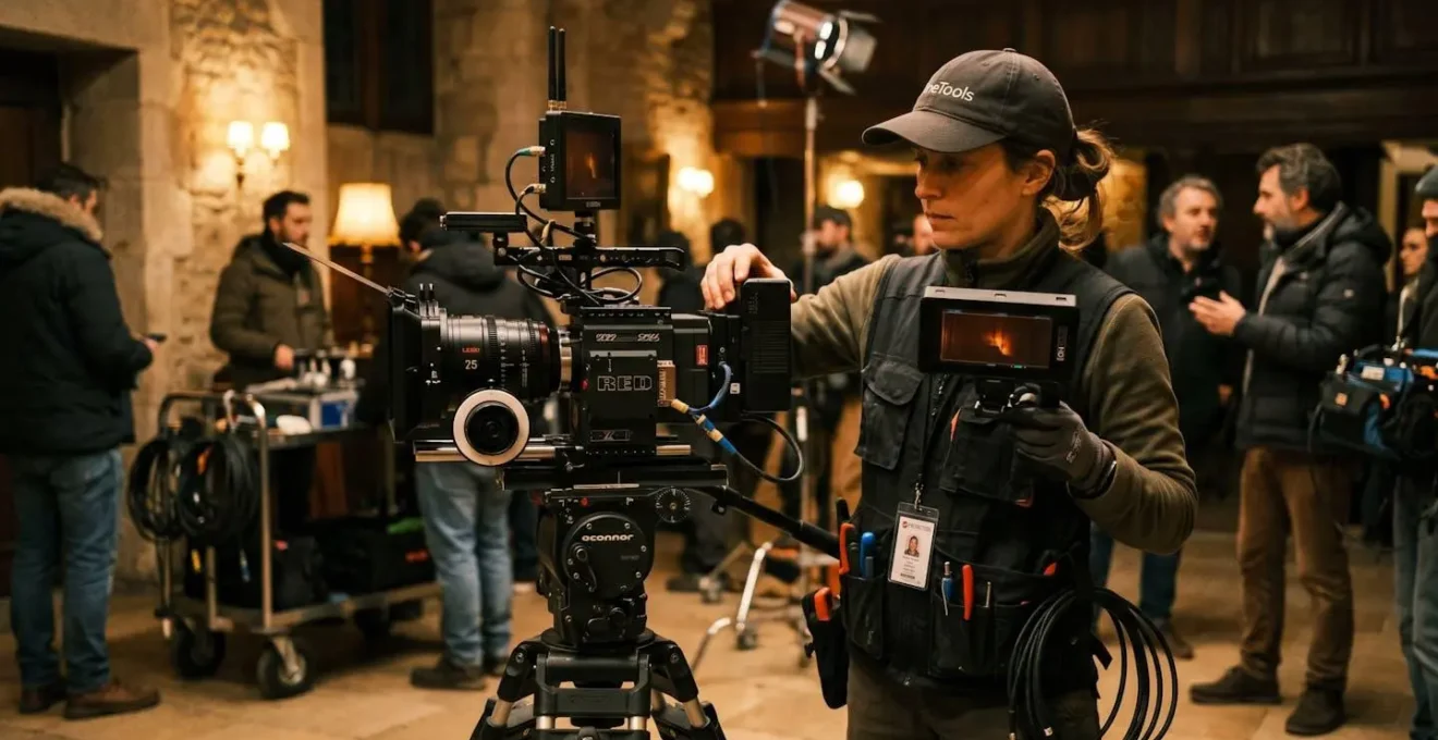 Technicien assemblant un rig professionnel avec batterie V-Mount et viseur OLED sur caméra cinéma