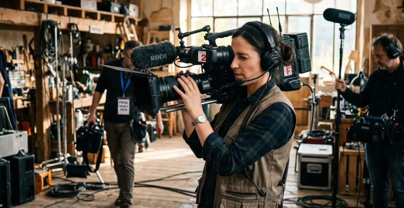 Caméscope professionnel sur un plateau de tournage broadcast, avec technicien ajustant les réglages