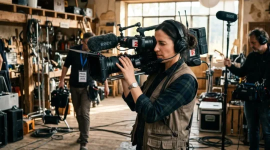 Caméscope professionnel sur un plateau de tournage broadcast, avec technicien ajustant les réglages