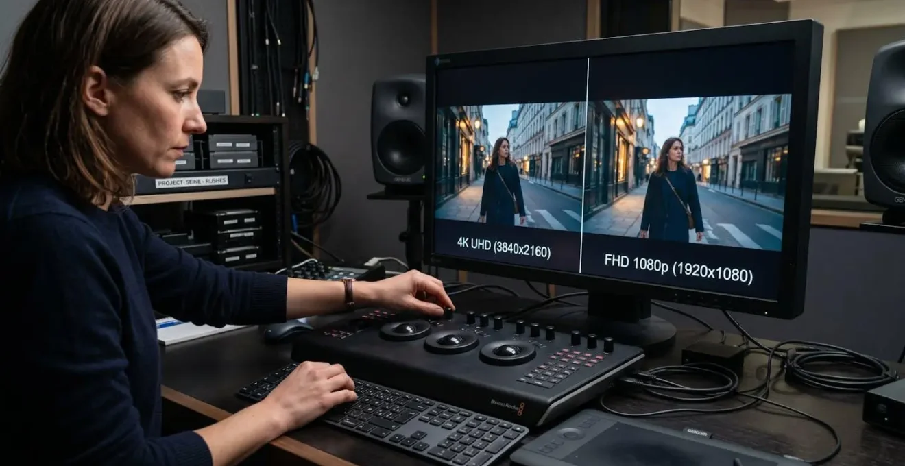 Moniteur de référence affichant une comparaison 4K vs 8K sur un plateau de post-production professionnel